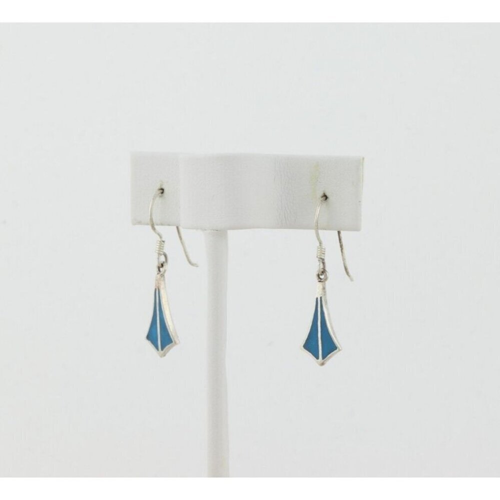 Sterling Silver Inlay Turquoise Earrings Dangle Drop 1 1/4" x 1/4" - Picture 5 of 8